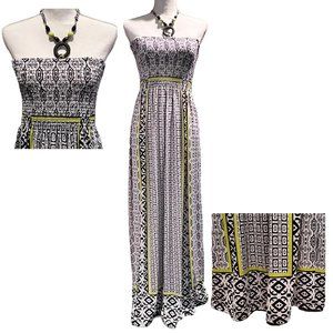 NWOT Maxi Dress Size L Black, White & Lime Green Beaded Neck Ties Smocked
